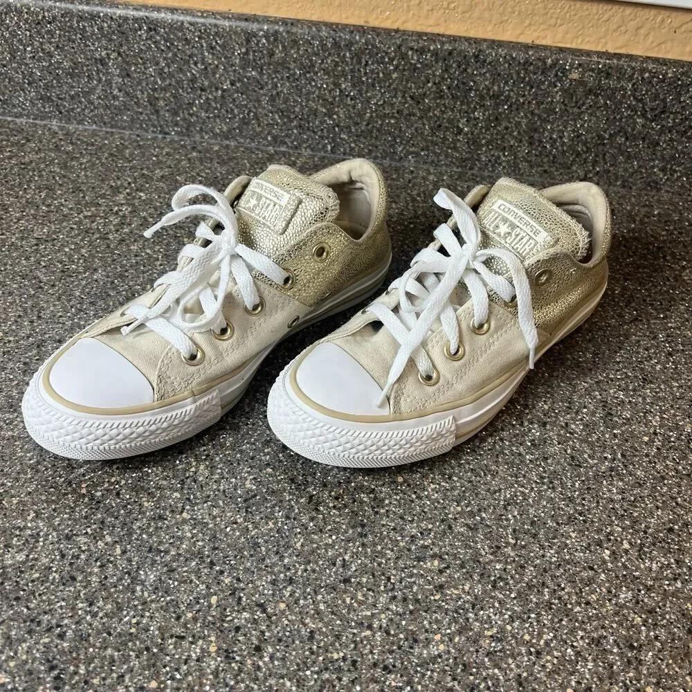 Converse All Star Low Top Women's Sz 6 Canvas/Leather Cream Gold Sneaker Lace Up